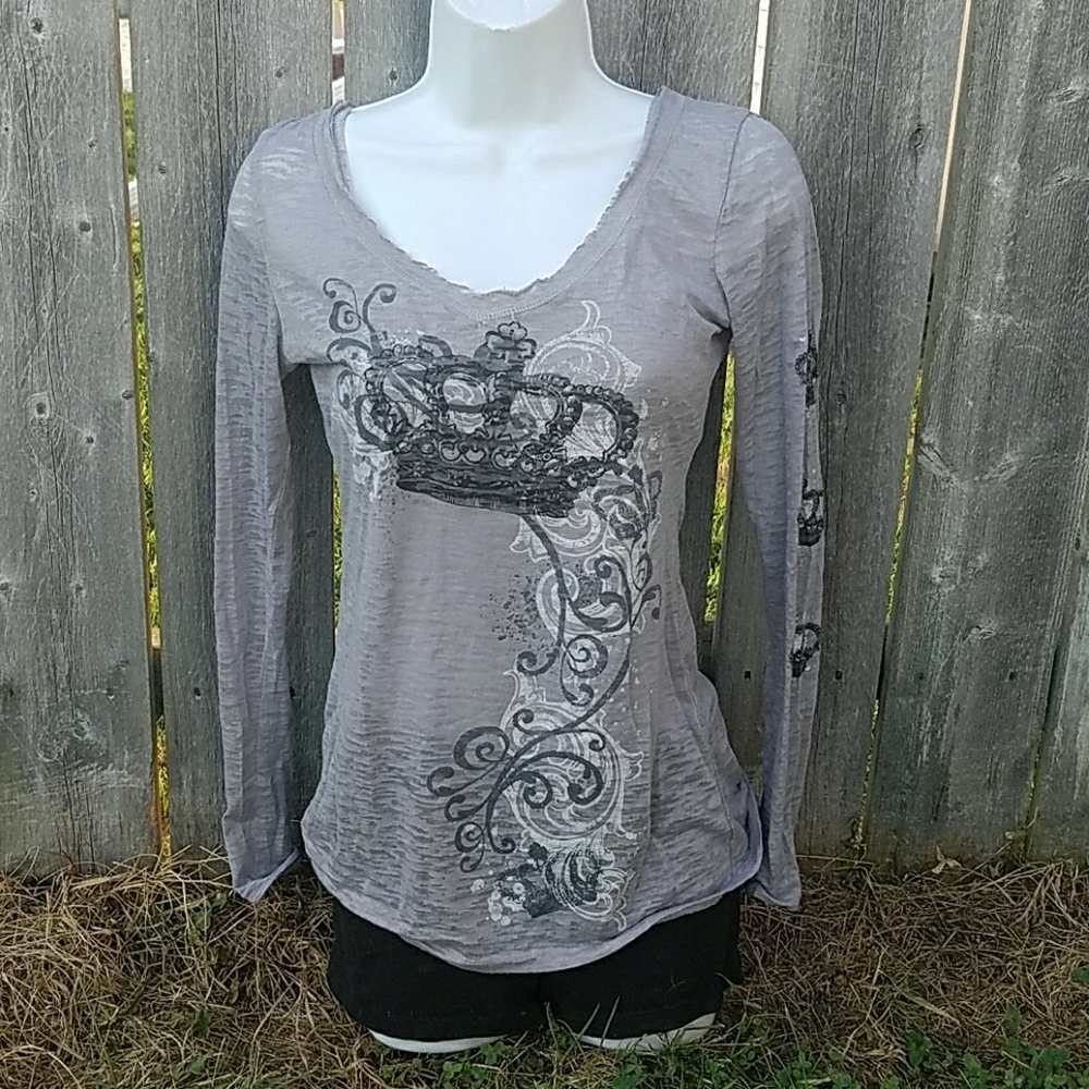 Crown Burnout Tee with Long Sleeves in Gray, Black & White